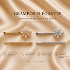 Kit Grampo de Cabelo Flor Zircônia 2 Peças | Presilha Feminina Delicada Dourado e Prateado