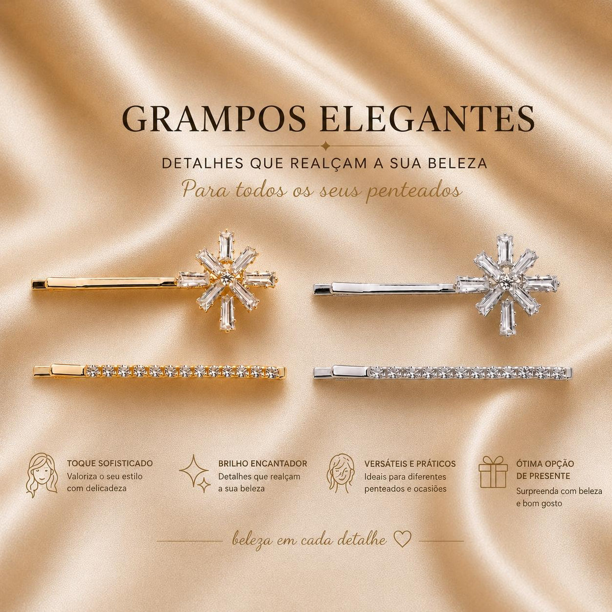 Kit Grampo de Cabelo Flor Zircônia 2 Peças | Presilha Feminina Delicada Dourado e Prateado