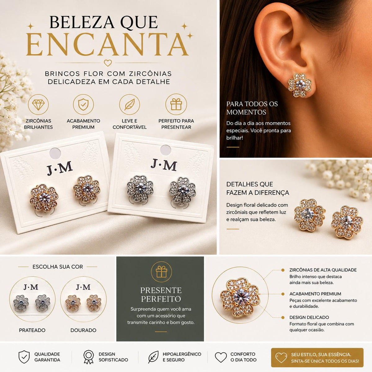 Brinco Trevo Flor em Zircônia Halo Design Floral Elegante com Zircônias em Camadas para Sorte e Glamour