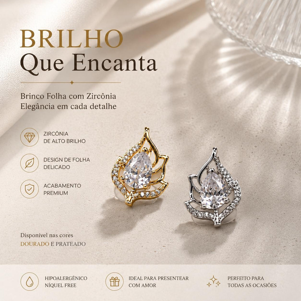 Brinco Folha com Zircônia em Formato de Gota