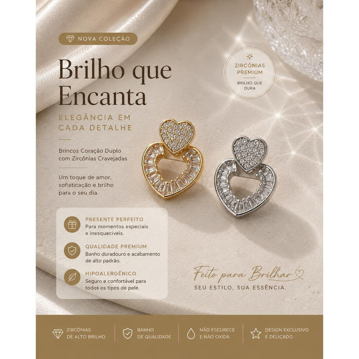 Brinco Coração Duplo com Zircônias Micro-pavimentadas e Baguete Design Romântico Elegante para Todas as Ocasiões