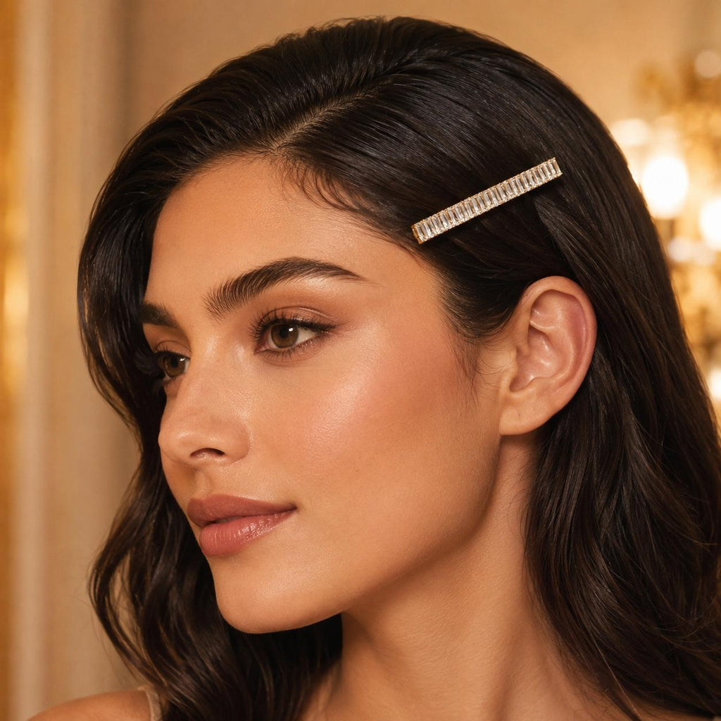 Presilha Longa com Zircônias Retangulares | Grampo Elegante Dourado e Prateado para Cabelo, Uso Diário e Festas
