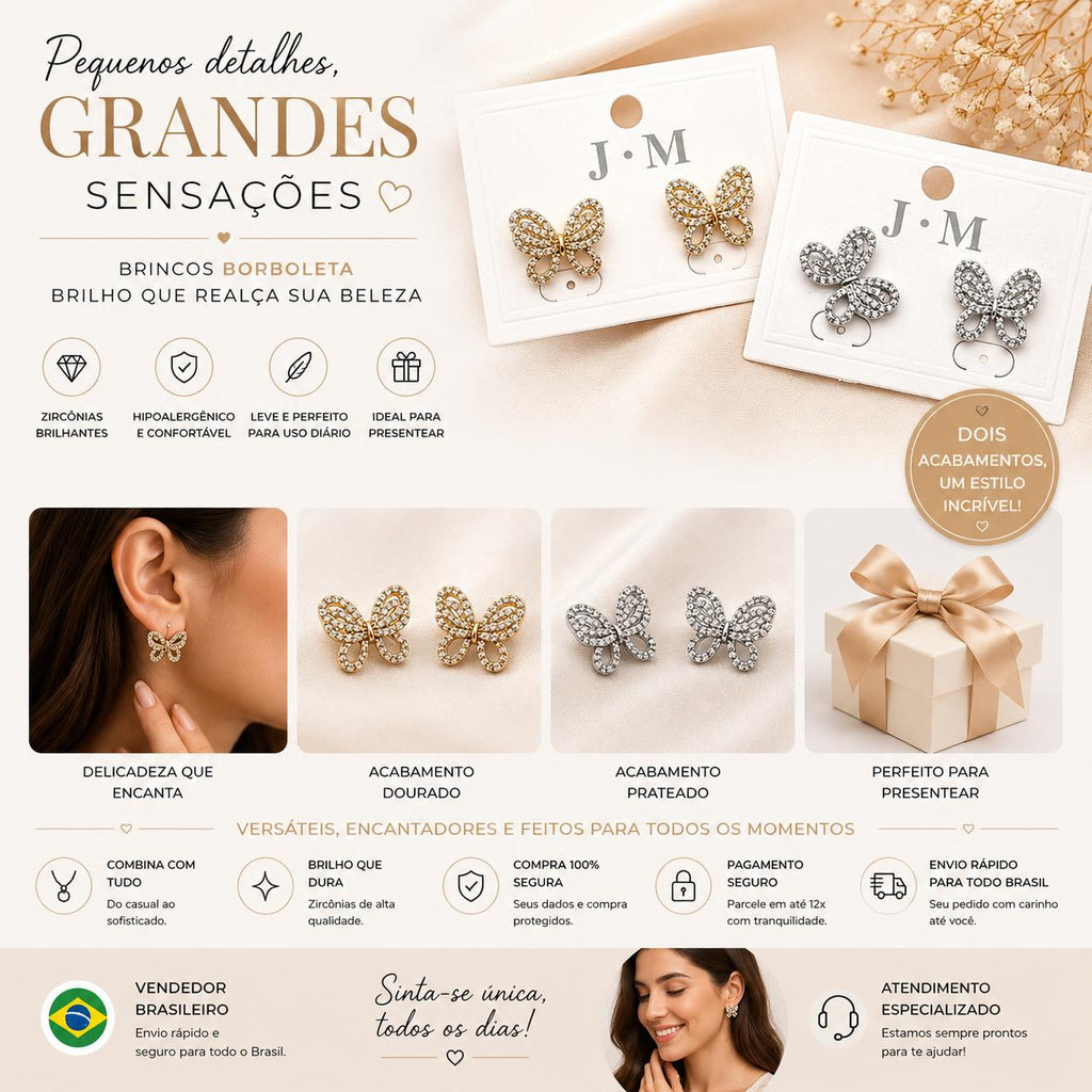 Brinco Borboleta em Zircônia Luxo