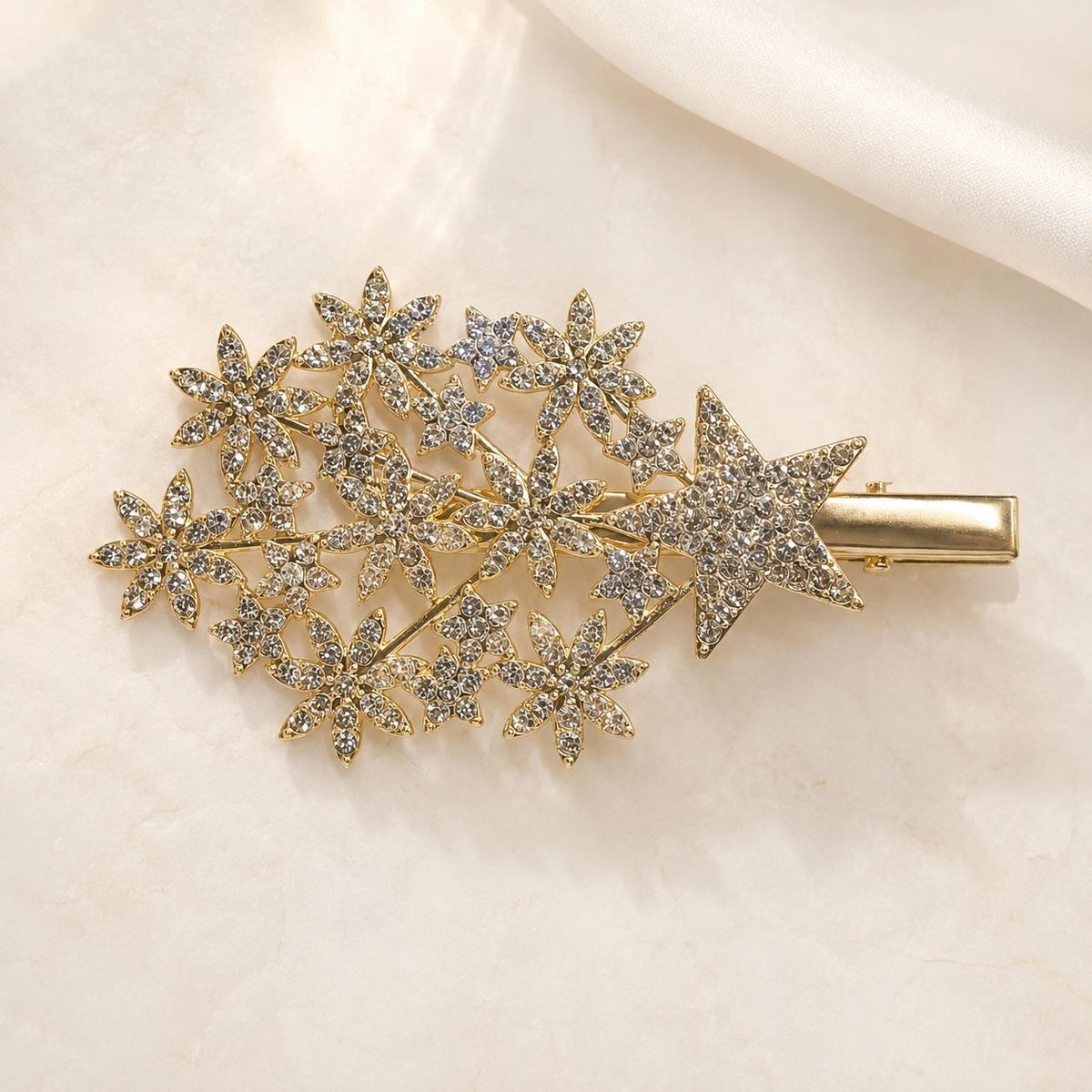 Presilha Estrelas e Flores Cheia de Zircônias Radiante | Grampo Dourado e Prateado Acessório Feminino para Dia a Dia e Festas