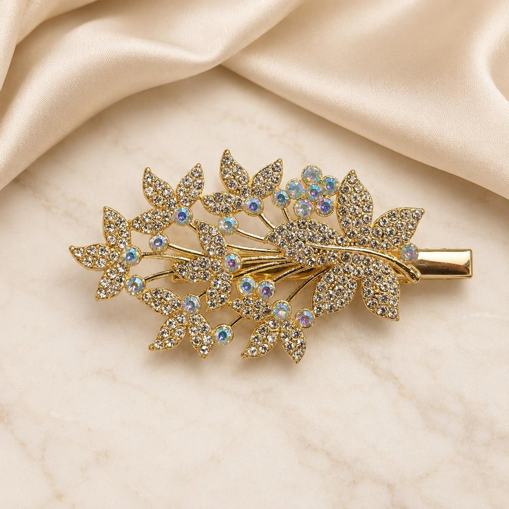 Presilha Folhas com Zircônias Coloridas Sofisticada | Grampo Dourado e Prateado Acessório Feminino para Dia a Dia e Festas