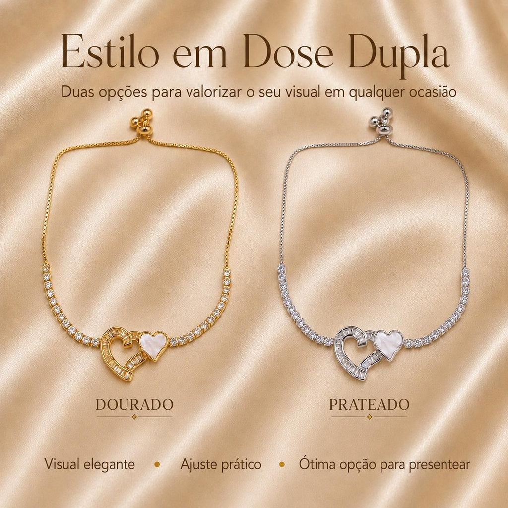 Pulseira Ajustável Dois Corações Entrelaçados com Madrepérola e Zircônias | Pulseira Feminina Dourada e Prateada Acessório Romântico Delicado para Presente