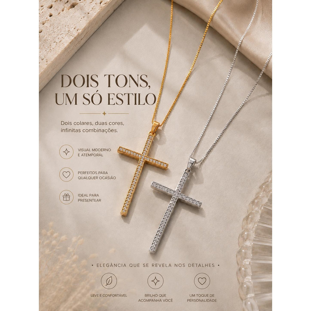 Colar Pingente Cruz Cravejado de Zircônias