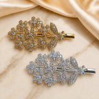 Presilha Ramalho Flor e Folha com Zircônias Iridescentes Elegante | Grampo Dourado e Prateado Acessório Feminino para Dia a Dia e Festas