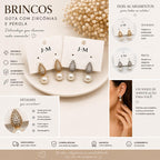 Brinco Pendente com Zircônias em Forma de Gota e Pérola