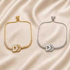 Pulseira Ajustável Coração Duplo Oco com Madrepérola e Zircônias Retangulares | Pulseira Feminina Dourada e Prateada Acessório Sofisticado Romântico para Presente
