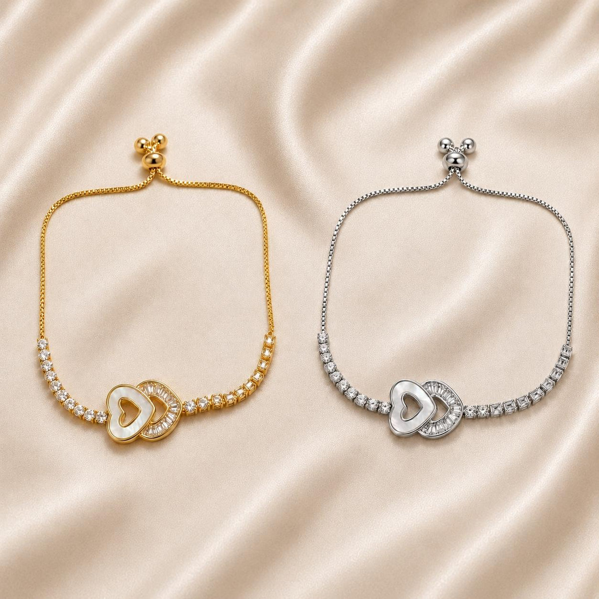 Pulseira Ajustável Coração Duplo Oco com Madrepérola e Zircônias Retangulares | Pulseira Feminina Dourada e Prateada Acessório Sofisticado Romântico para Presente