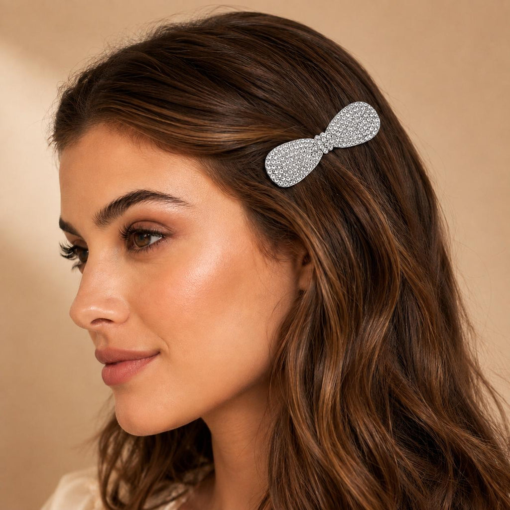 Presilha Laço Cheia de Zircônias Brilhantes | Grampo Elegante Dourado e Prateado para Cabelo Uso Diário e Festas