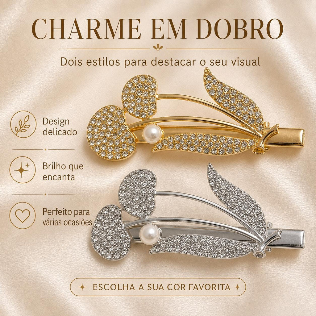Presilha Duplo Coração e Folha com Pérola e Zircônias Delicada | Grampo Dourado e Prateado Acessório Feminino Elegante para Cabelo