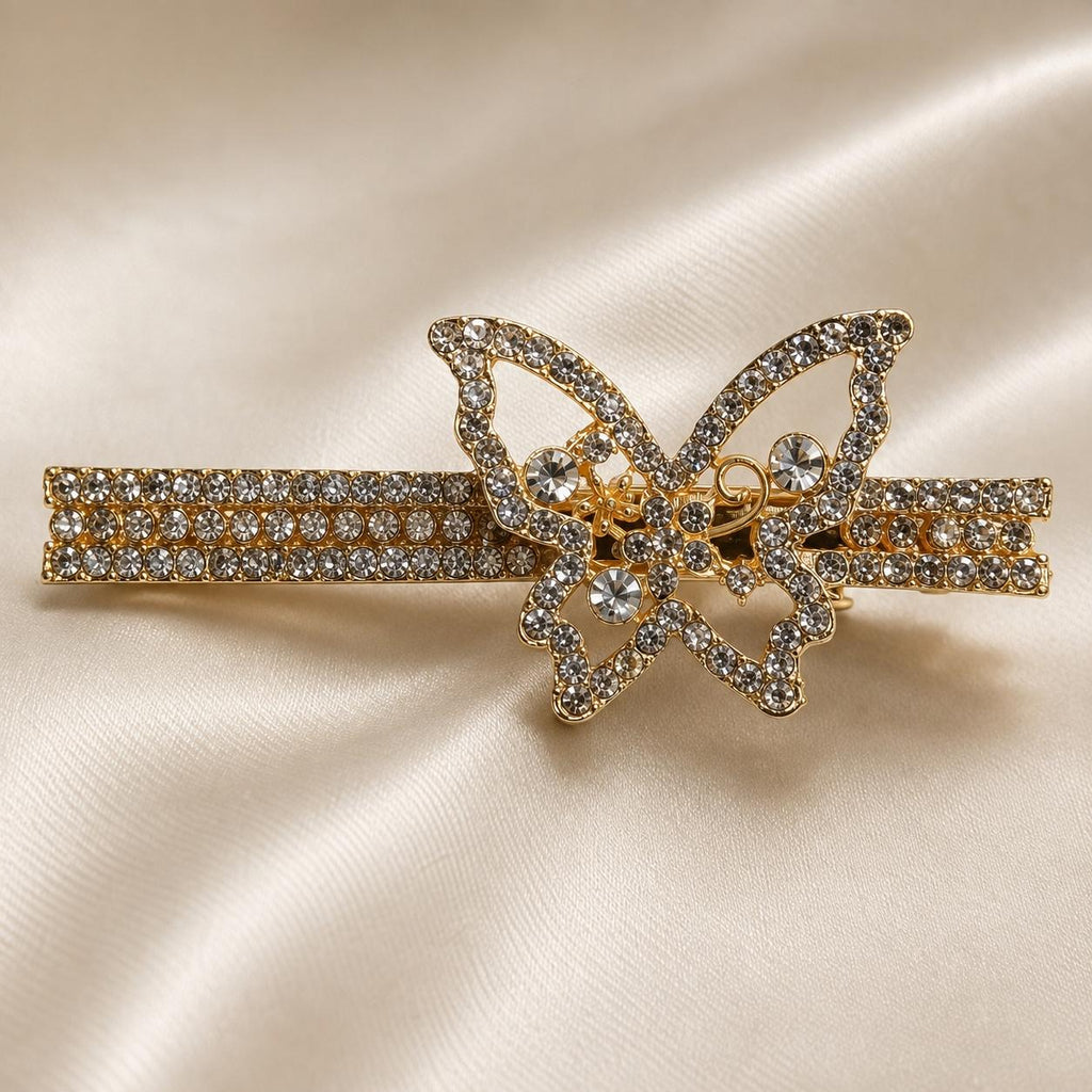Presilha Borboleta Vazada com Zircônias Brilhantes | Grampo Dourado e Prateado Acessório Feminino Elegante para Cabelo