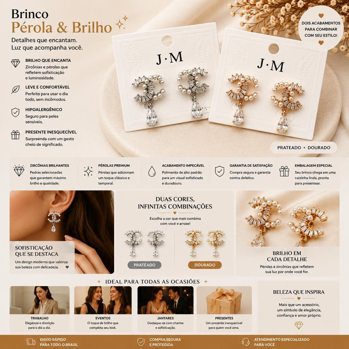 Brinco Duplo C com Pérolas e Pingente Gota de Zircônia