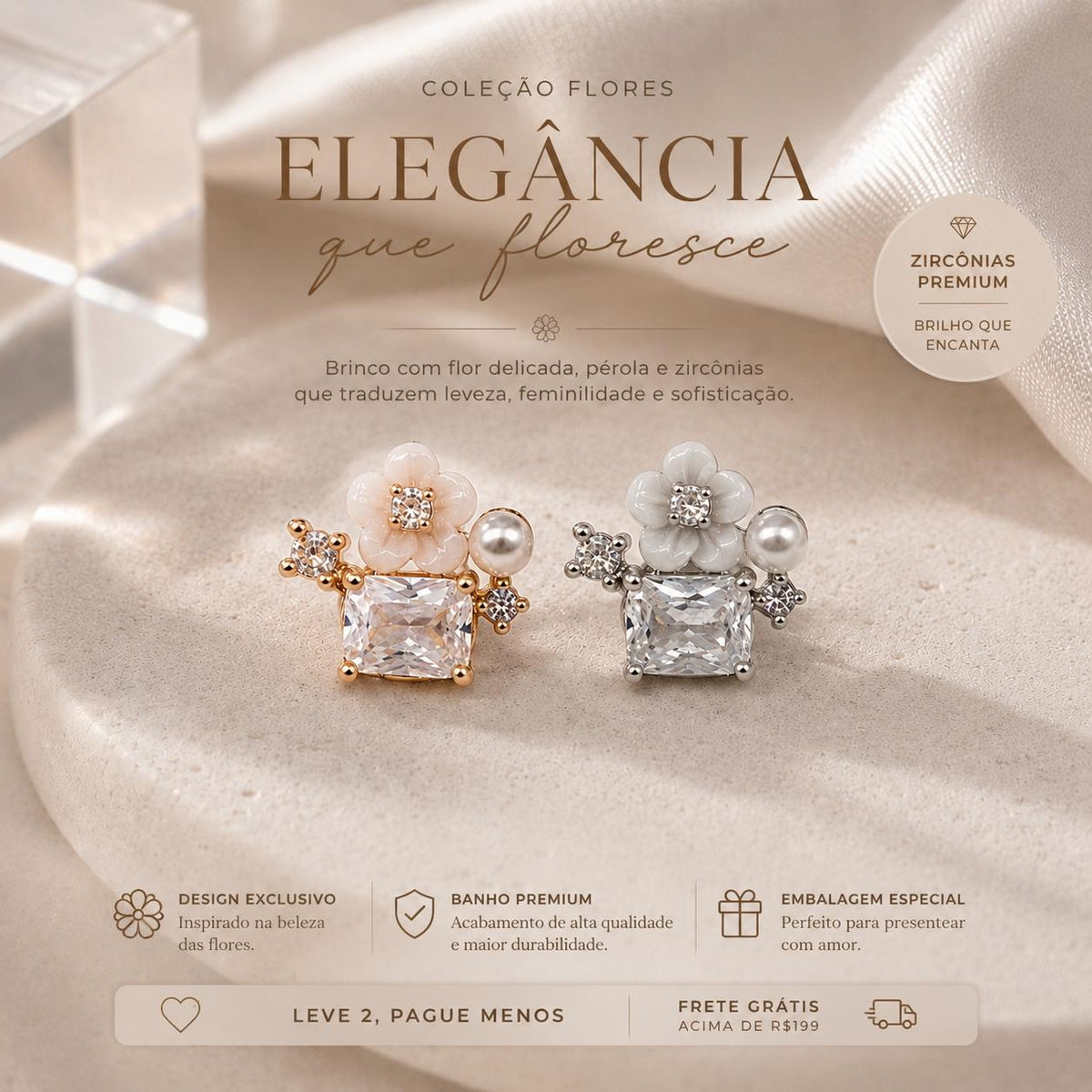 Brinco Flor com Zircônia Quadrada e Pérola