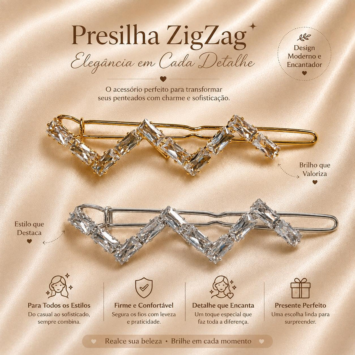 Presilha ZigZag com Zircônias Retangulares | Grampo Moderno Elegante Dourado e Prateado Para Todos Penteados