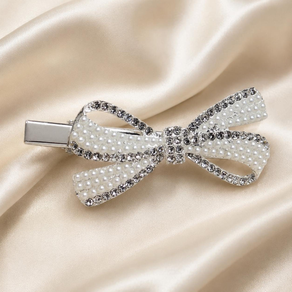 Clipe Laço Cheio de Pérolas com Borda de Zircônias Elegante | Clipe Dourado e Prateado para Cabelo Dia a Dia e Festas