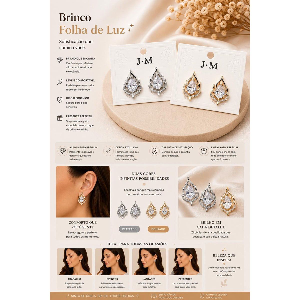 Brinco Folha com Zircônia em Formato de Gota