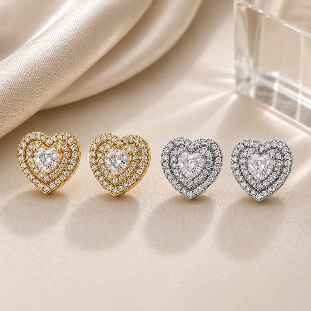 Brinco Coração Duplo em Zircônia Luxo Elegância e Amor Design Romântico para Mulheres Charmosas e Sofisticadas