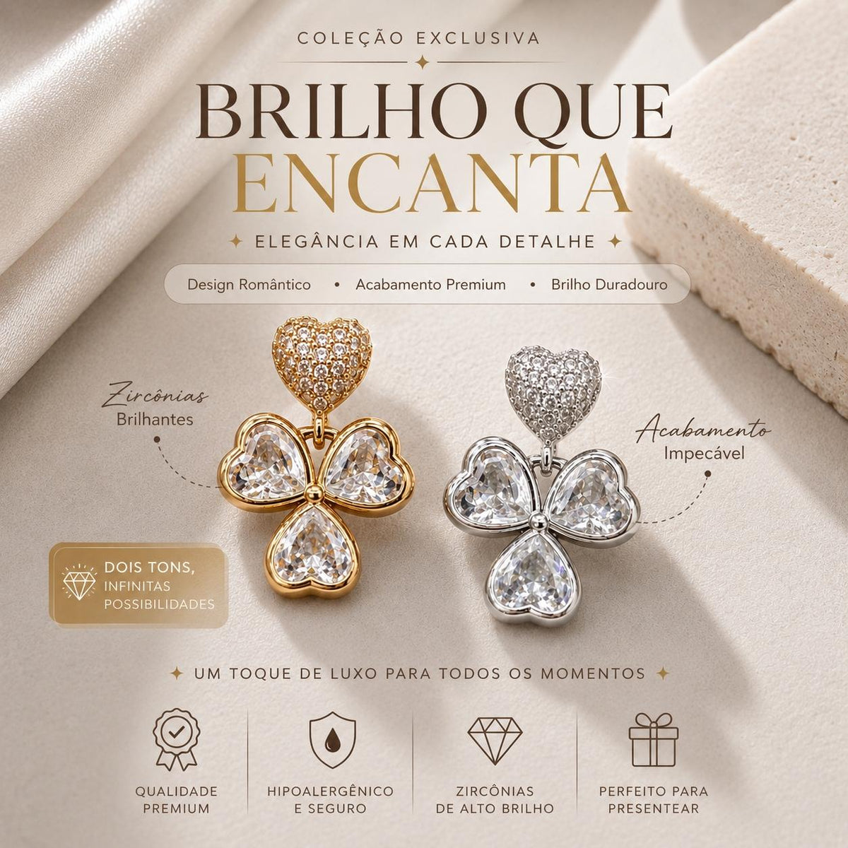 Brinco Pendente Trevo com Corações e Zircônias