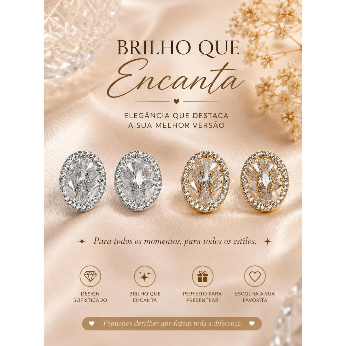 Brinco Oval com Zircônias Baguete e Halo de Brilho