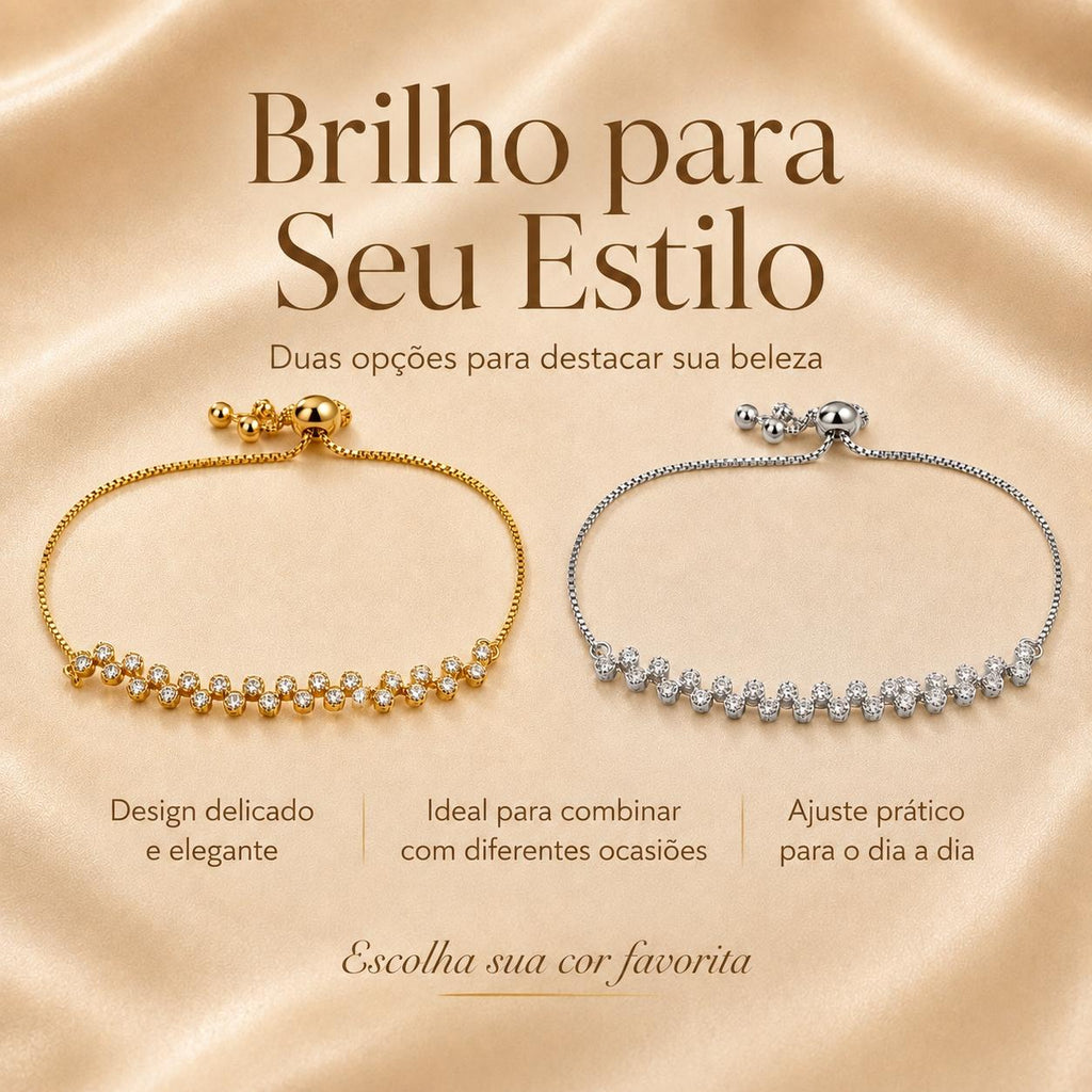 Pulseira Ajustável Fileira de Flores com Zircônias Brilhantes | Pulseira Feminina Dourada e Prateada Acessório Delicado Luxuoso Presente para Mulher