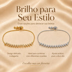 Pulseira Ajustável Fileira de Flores com Zircônias Brilhantes | Pulseira Feminina Dourada e Prateada Acessório Delicado Luxuoso Presente para Mulher