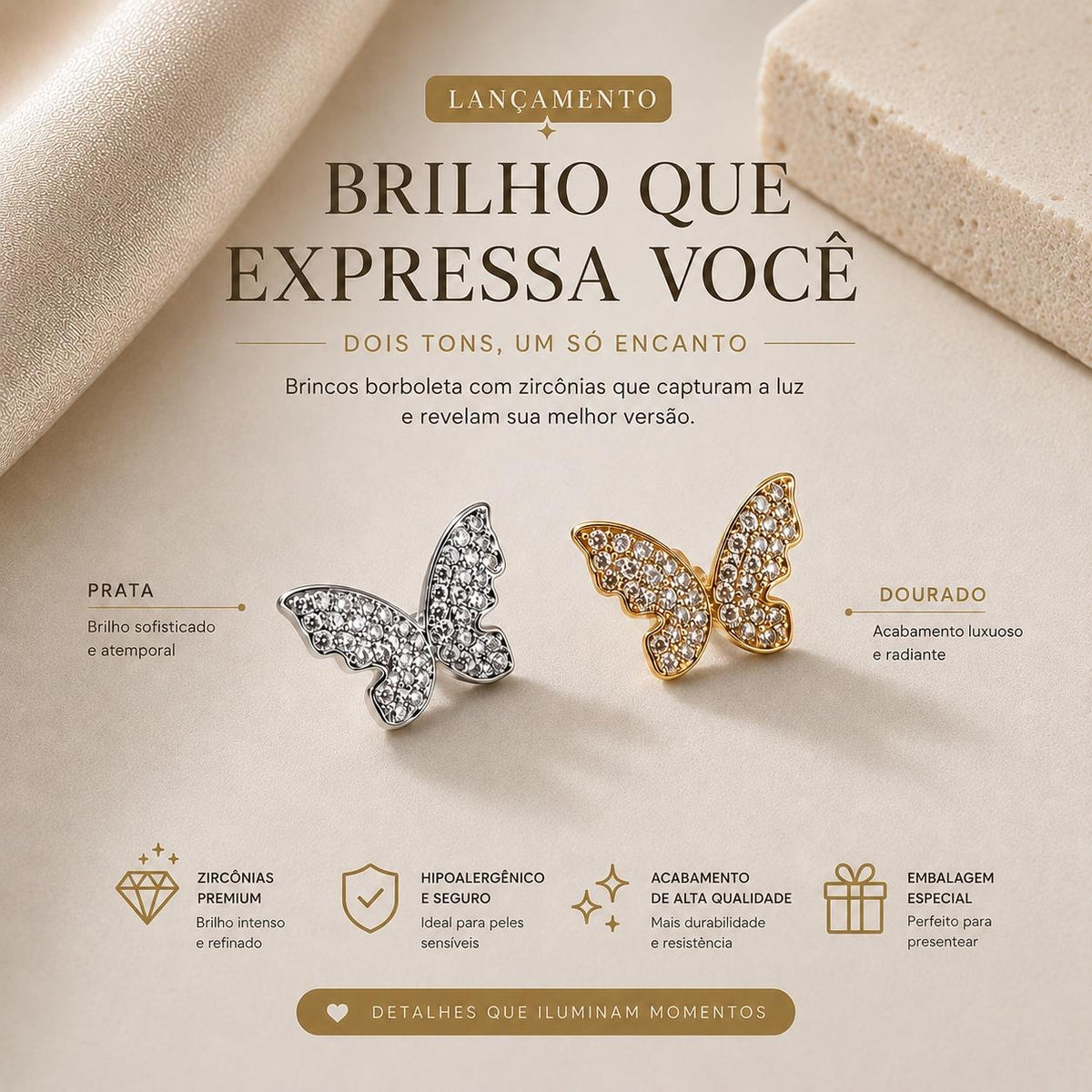 Brinco Borboleta em Zircônia Luxo - Elegância Feminina com Zircônias Brilhantes e Design Leve e Romântico para Mulheres
