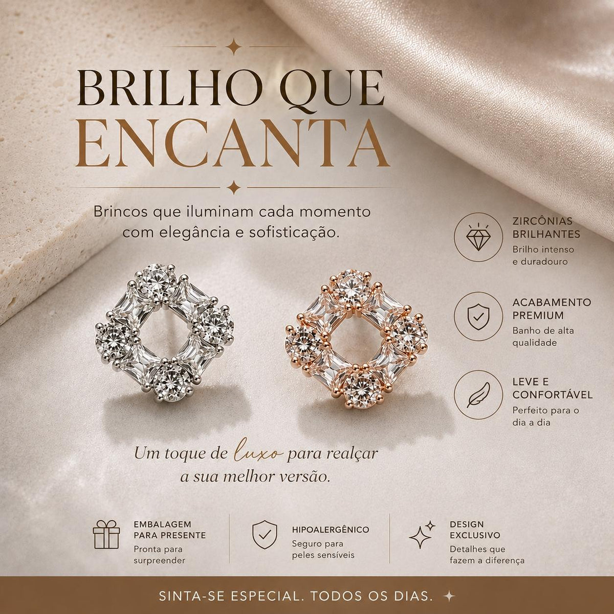 Brinco Quadrado com Halo de Zircônias Redondas e Baguete Design Simétrico Elegante e Moderno para Mulheres
