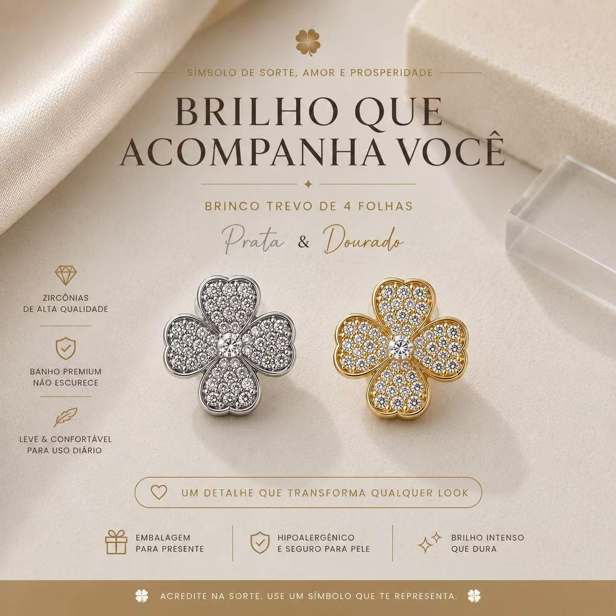 Brinco Trevo de Quatro Folhas em Zircônia