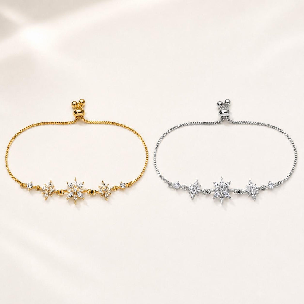 Pulseira Ajustável de Flocos de Neve com Zircônias Brilhantes | Pulseira Feminina Dourada e Prateada Acessório Delicado para Presente
