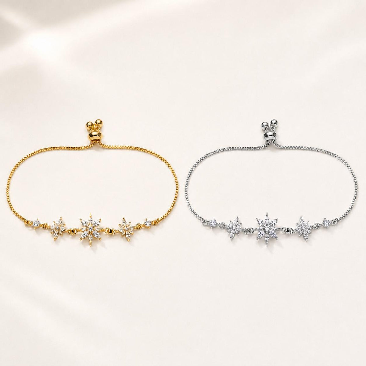 Pulseira Ajustável de Flocos de Neve com Zircônias Brilhantes | Pulseira Feminina Dourada e Prateada Acessório Delicado para Presente