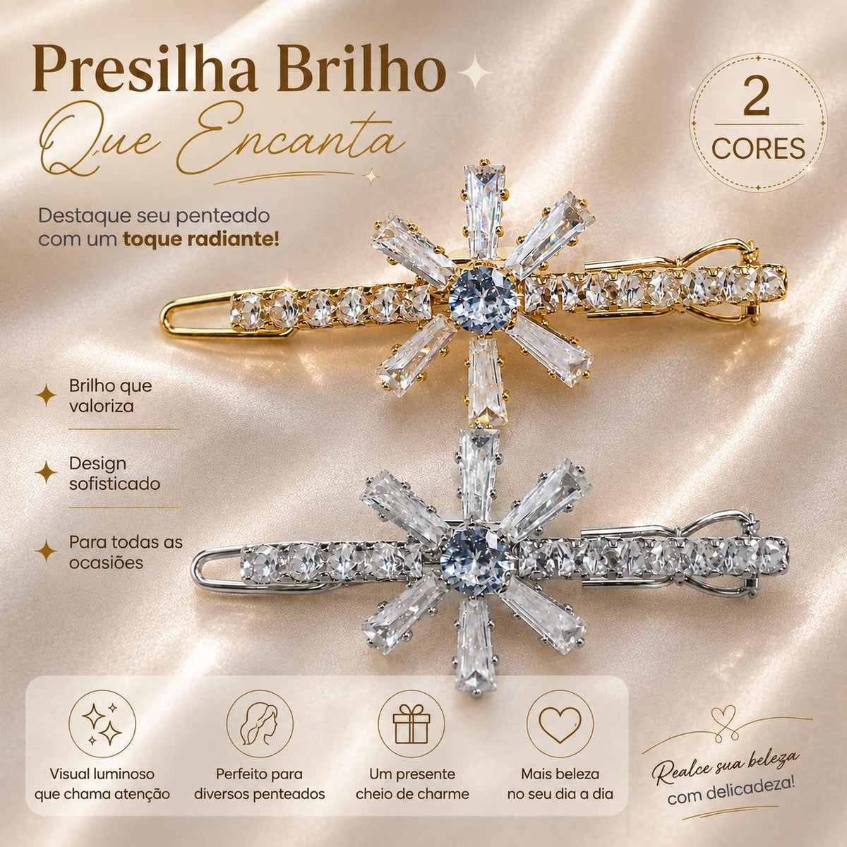 Presilha de Cabelo Flor de Neve Zircônia Brilhante | Grampo Feminino Elegante Dourado e Prateado para Festas e Dia a Dia