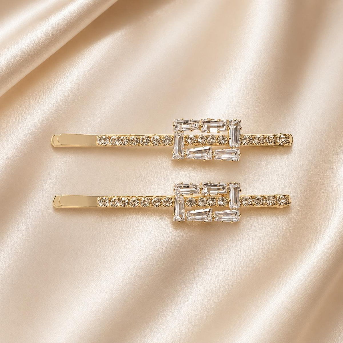 Kit 2 Presilhas de Cabelo Retângulo Duplo Zircônia | Presilha Feminina Elegante Dourado e Prateado
