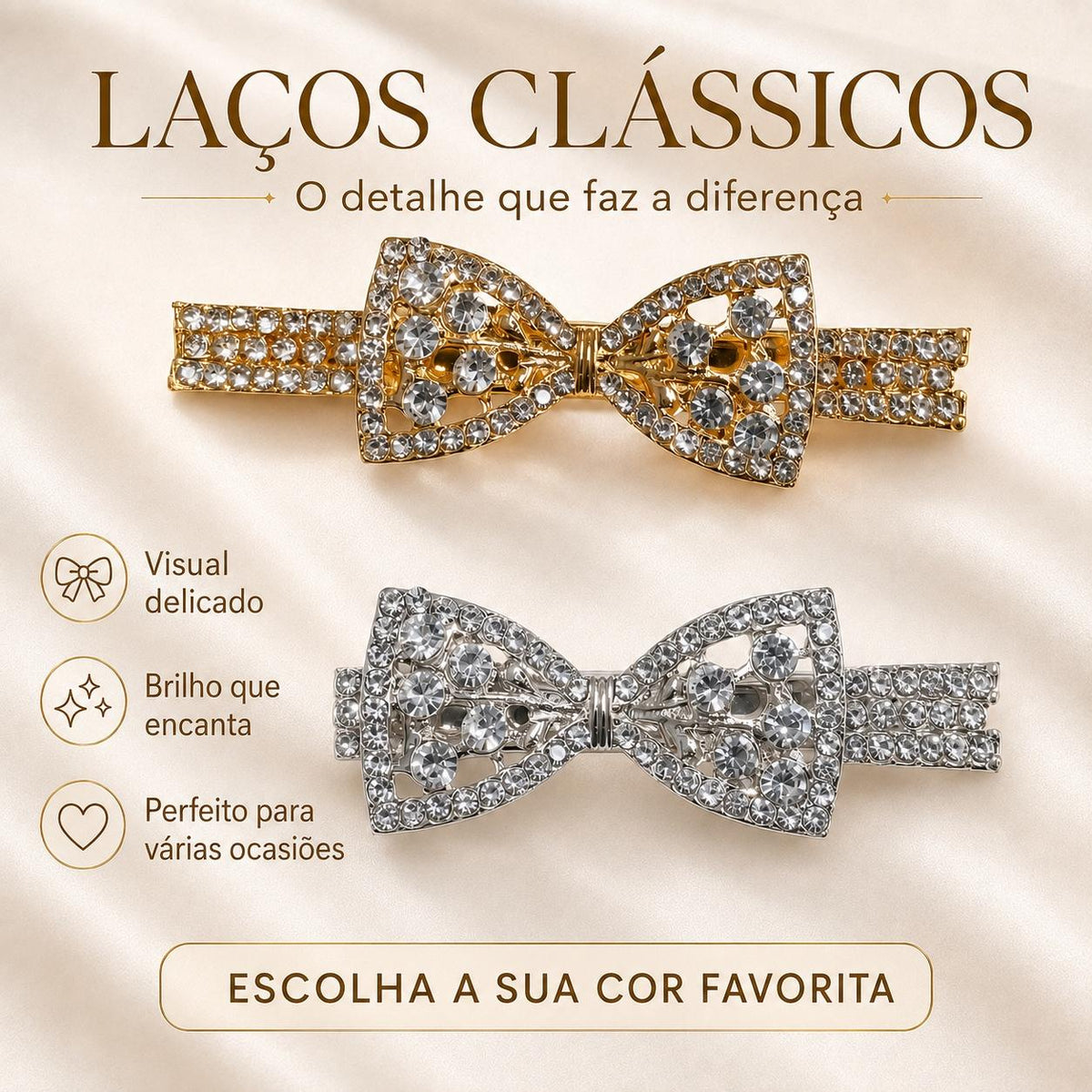 Presilha Laço Gravata Clássico Cheio de Zircônias Grandes | Grampo Dourado e Prateado Acessório Feminino Elegante para Cabelo