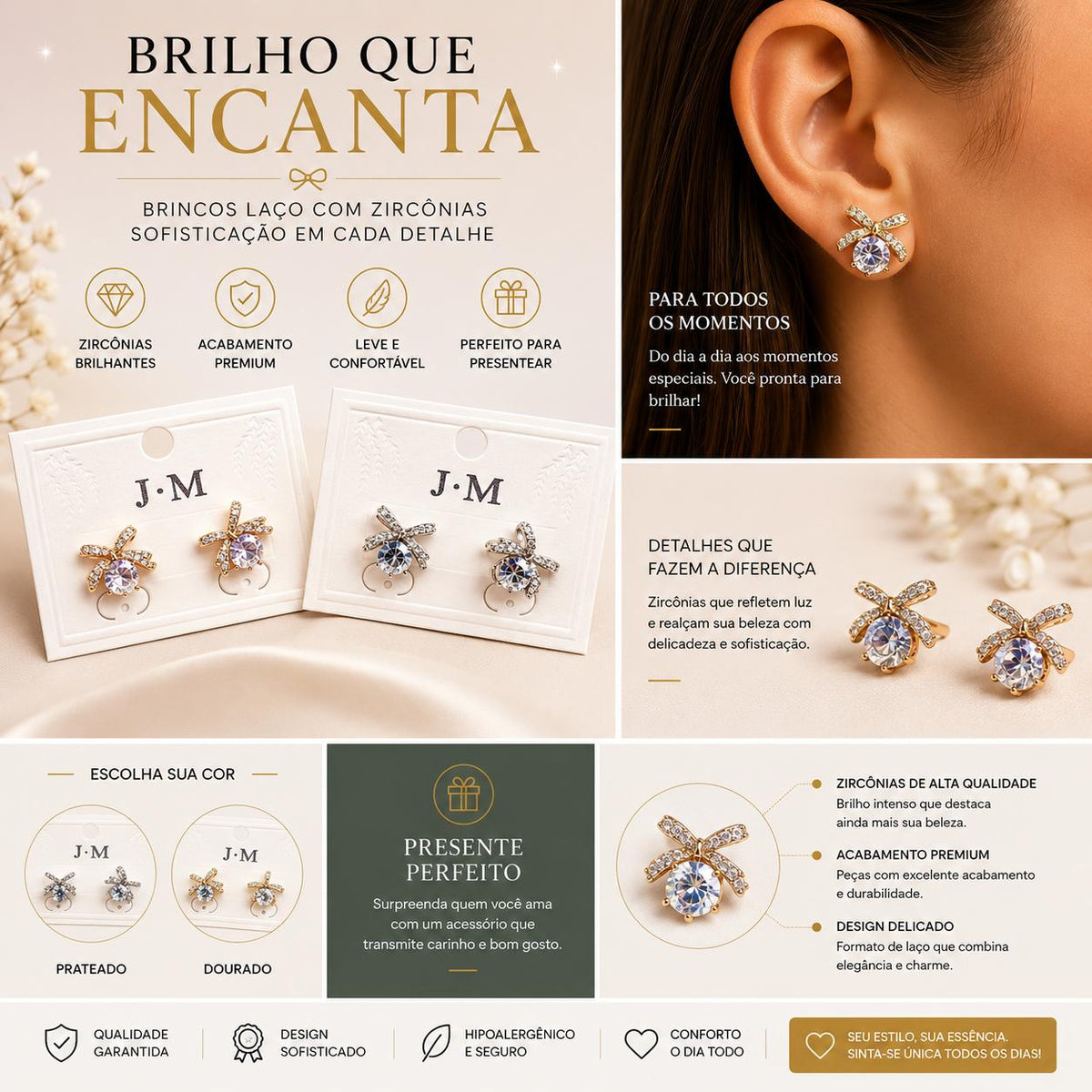 JM Collection Brinco Laço com Zircônia Central Dourado e Prata Acabamento Premium Zircônia Brilhante Elegância e Versatilidade