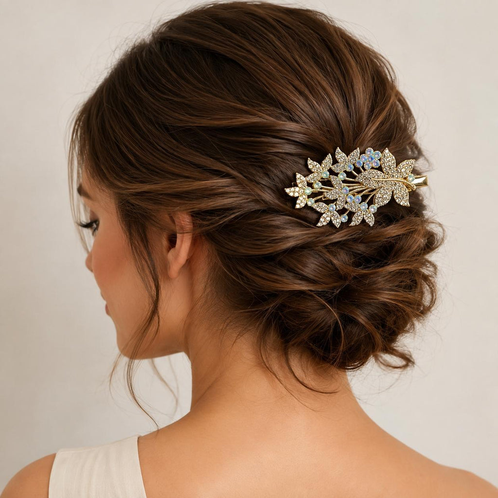 Presilha Folhas com Zircônias Coloridas Sofisticada | Grampo Dourado e Prateado Acessório Feminino para Dia a Dia e Festas