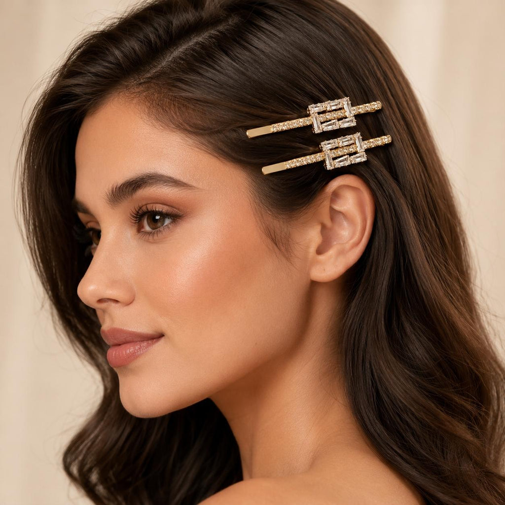 Kit 2 Presilhas de Cabelo Retângulo Duplo Zircônia | Presilha Feminina Elegante Dourado e Prateado