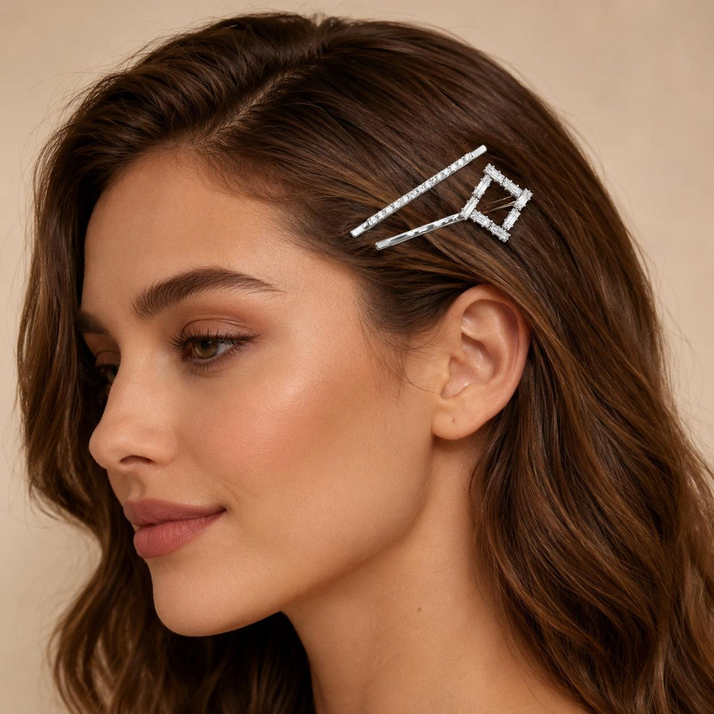 Kit Grampo de Cabelo Losango com Zircônia 2 Peças | Presilha Feminina Delicada Dourado e Prateado
