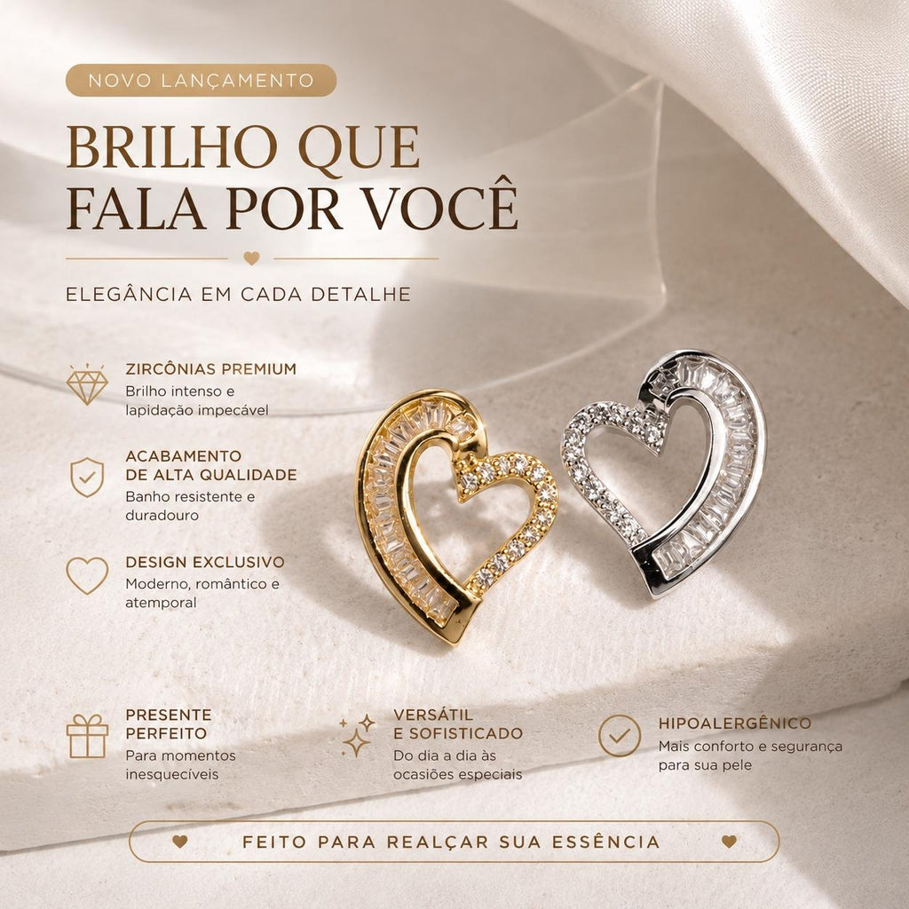 Brinco Coração Assimétrico com Zircônias