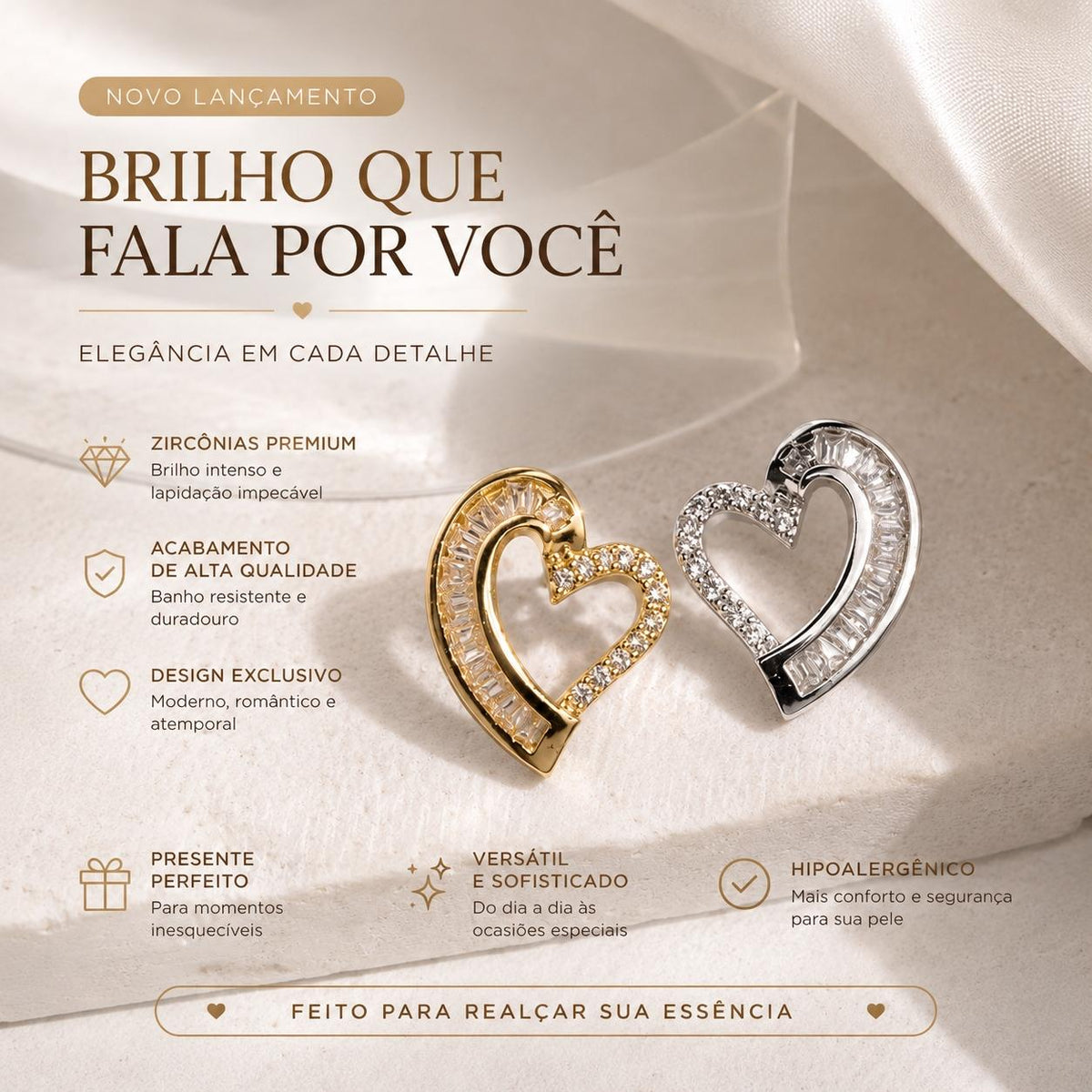 Brinco Coração Assimétrico com Zircônias