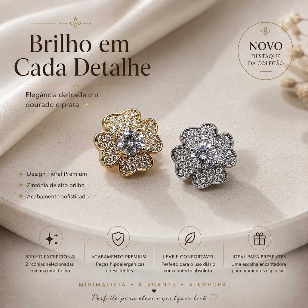 Brinco Flor em Zircônia Luxo - Elegância Floral com Zircônias Centrais para Mulheres Elegantes e Românticas
