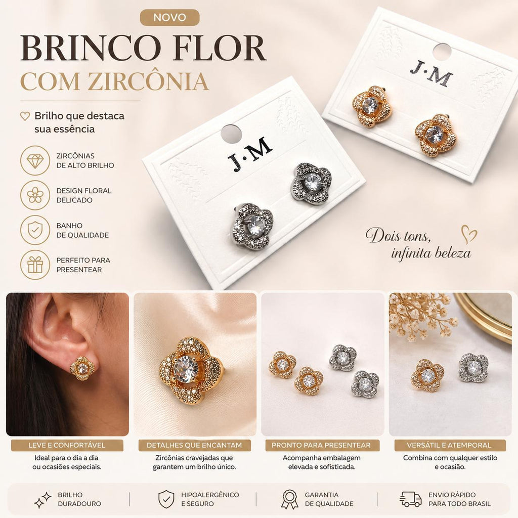 JM Bijuteria Brinco Camélia Flor com Zircônia Halo Elegância e Luxo em Zircônias para Ocasiões Especiais e Dia a Dia