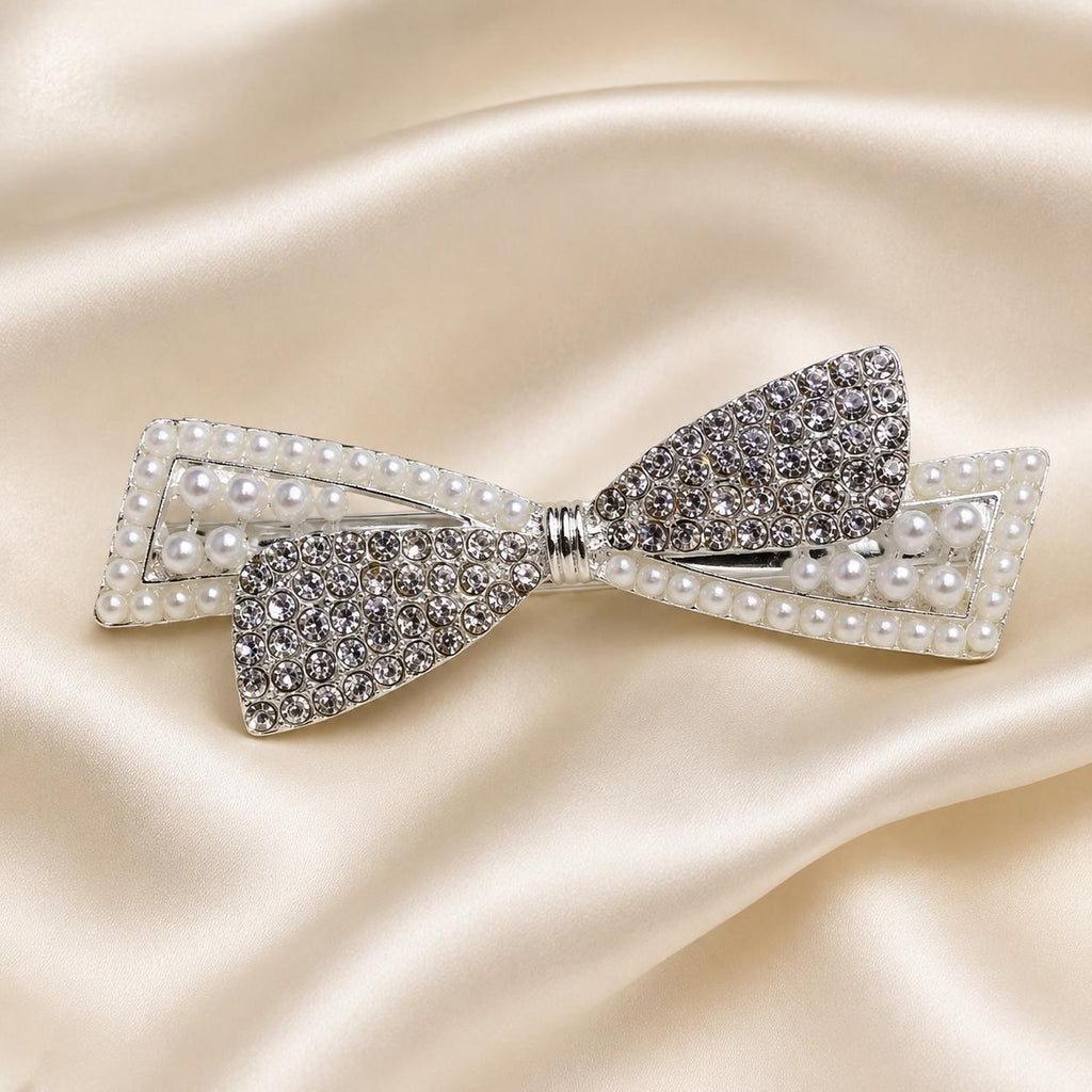 Presilha Laço com Pérolas e Zircônias Dupla Textura | Grampo Elegante Dourado e Prateado para Cabelo Dia a Dia e Festas