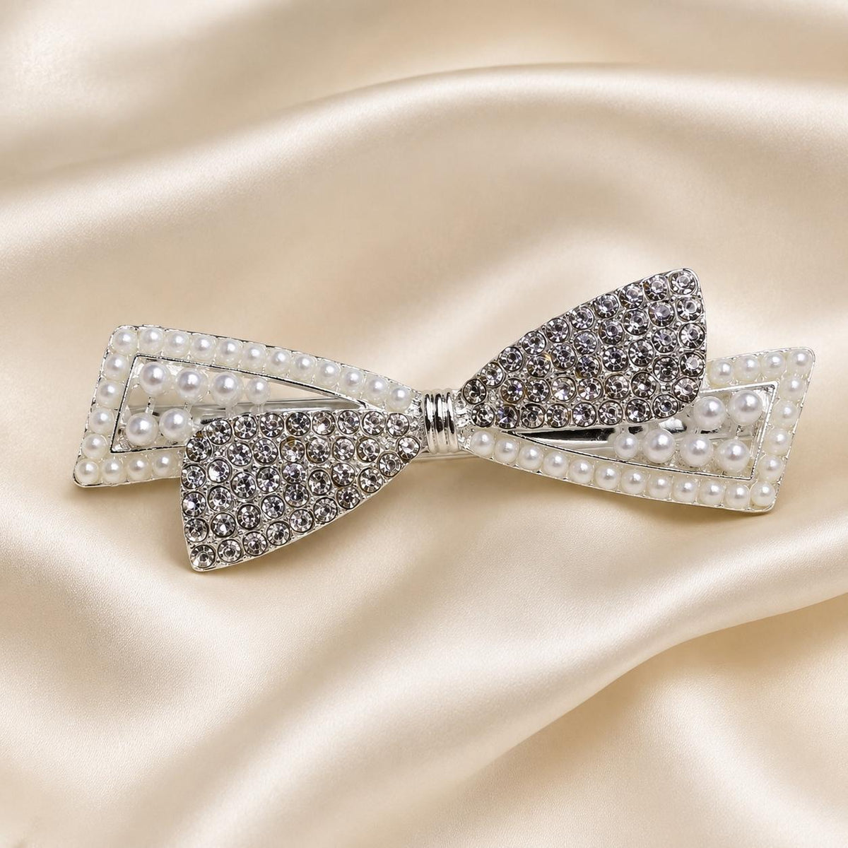 Presilha Laço com Pérolas e Zircônias Dupla Textura | Grampo Elegante Dourado e Prateado para Cabelo Dia a Dia e Festas