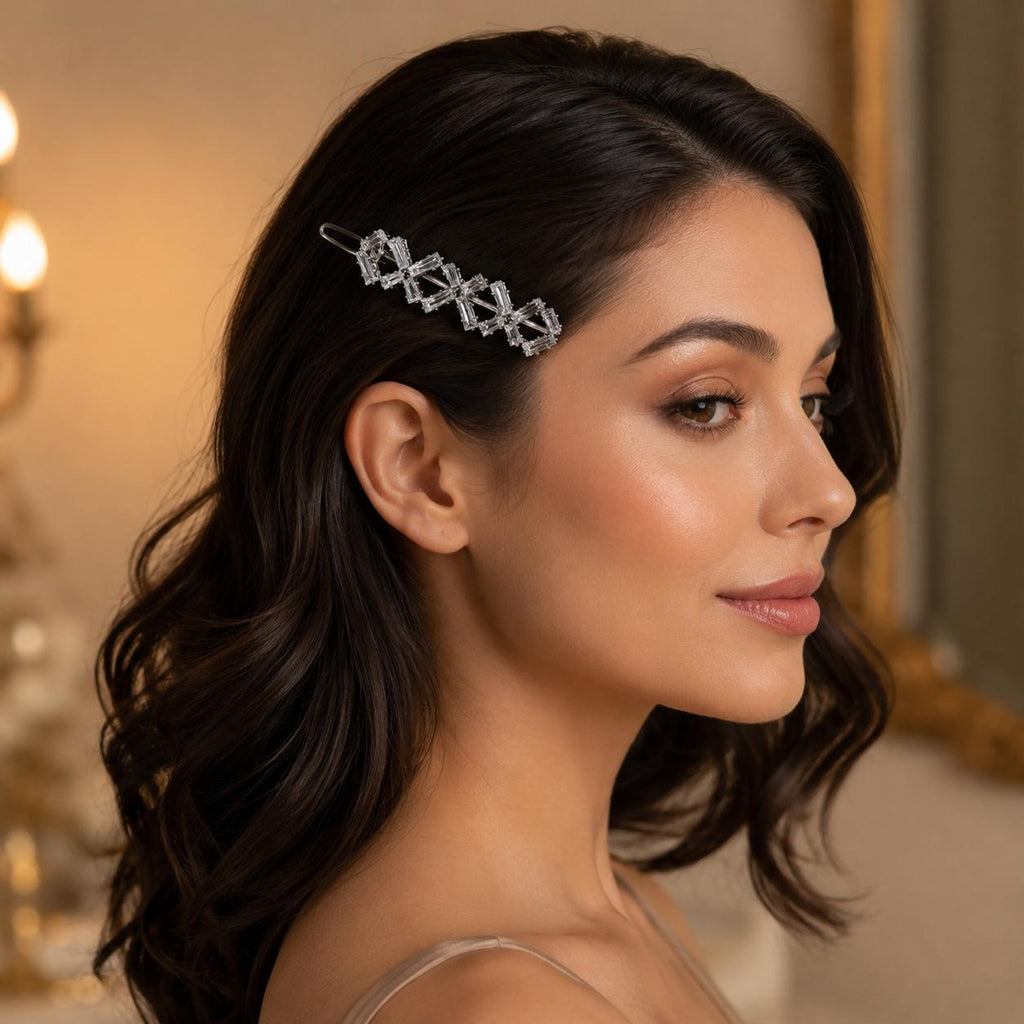 Presilha de Cabelo Cruzada com Zircônias Retangulares | Grampo Moderno Elegante Dourado e Prateado Para Todos Penteados