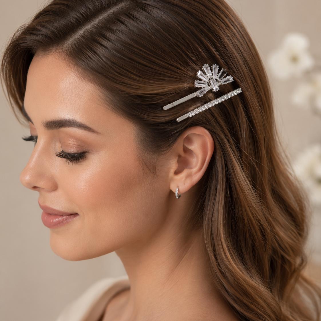 Kit Grampo de Cabelo Leque Zircônia 2 Peças | Presilha Feminina Elegante Dourado e Prateado