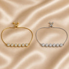 Pulseira Ajustável com Seis Pedras Zircônias Circulares Brilhantes | Pulseira Feminina Dourada e Prateada Acessório Elegante Delicado para Presente