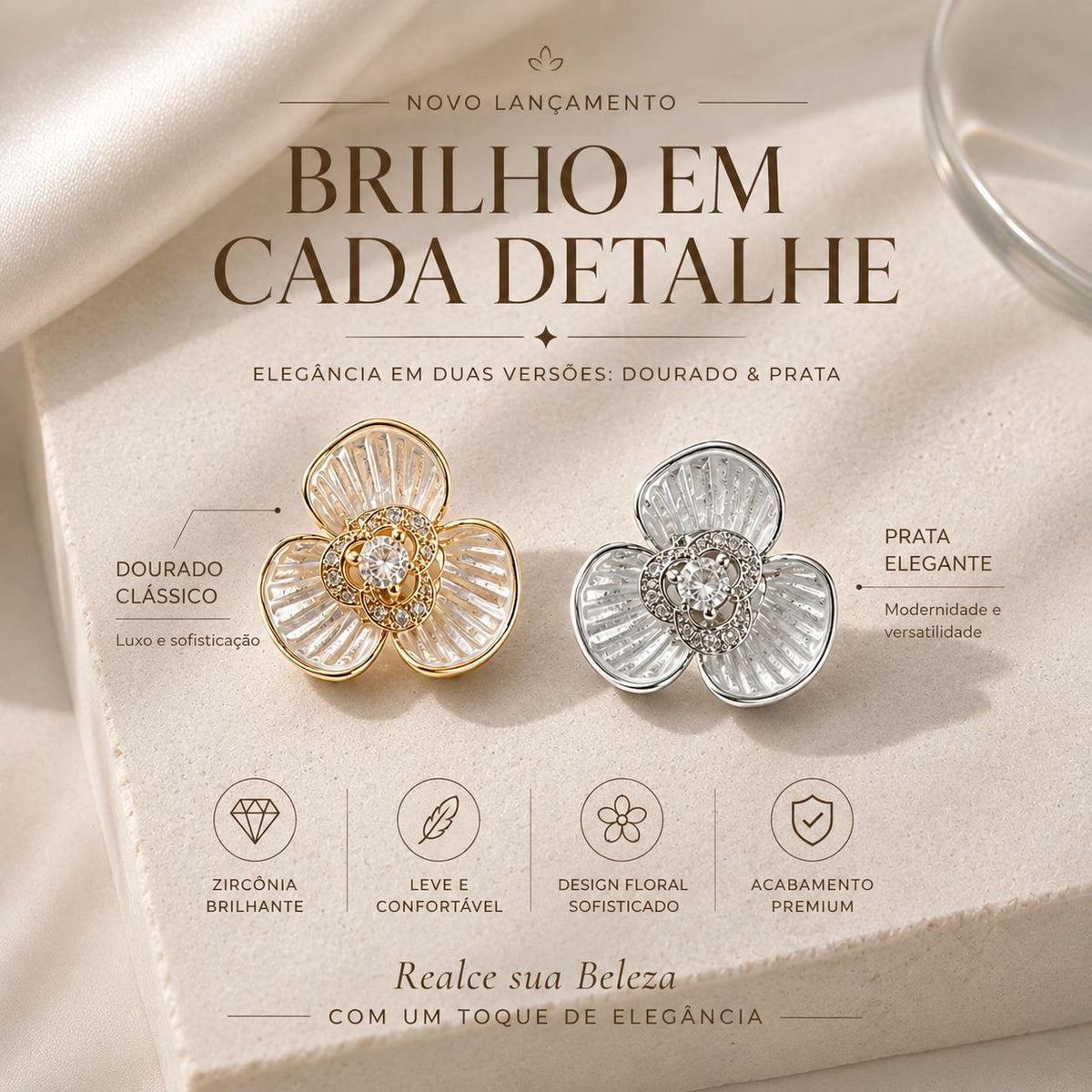 Brinco Flor com Esmalte e Zircônias Elegância Floral para Joias Delicadas e Sofisticadas